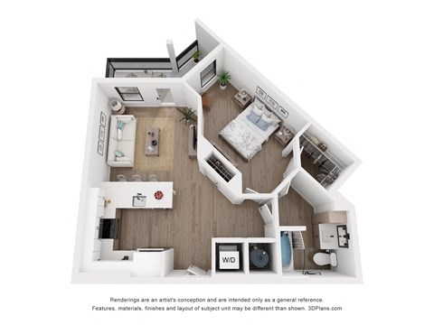 Floor plan for 1 bed, 1 bath, 748 sqft